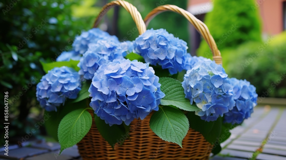 Blue hydrangeas in basket set in garden scene. Blue hydrangeas in basket set in garden scene.
