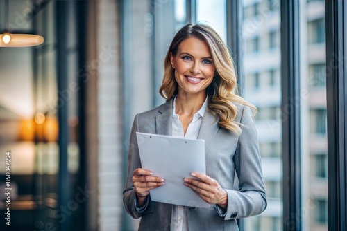 Confident Businesswoman Holding Contract - Female executive holding a contract and smiling confidently. 