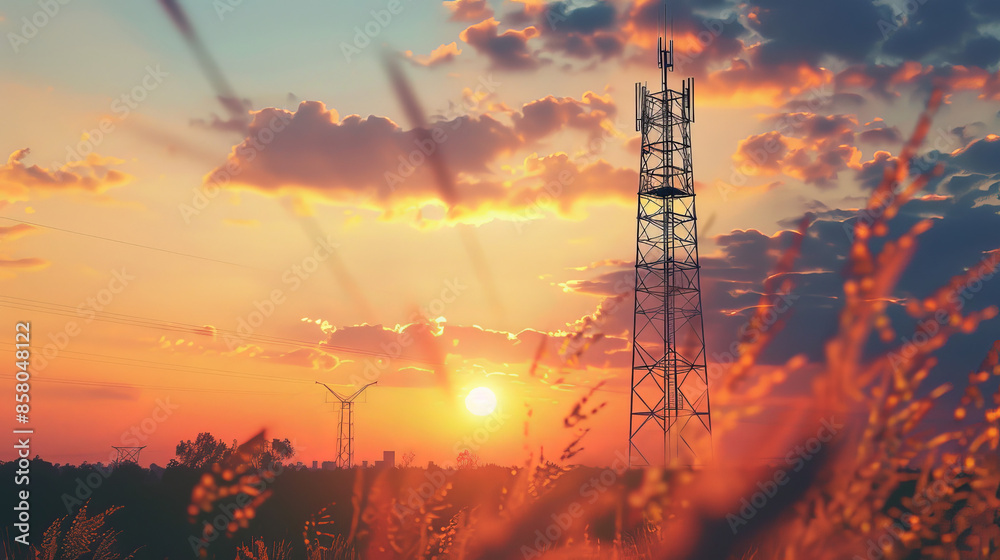 Fototapeta premium A tall tower used for communication stands in front of a beautiful summer sunset.