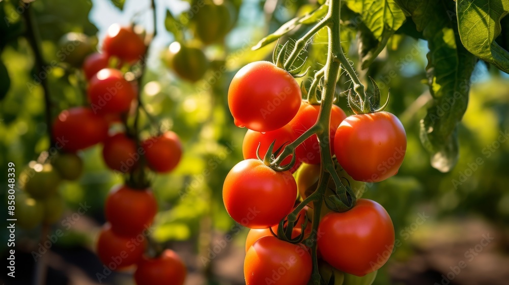 Succulent ripe tomatoes on vine, close-up shot Succulent ripe tomatoes on vine, close-up shot