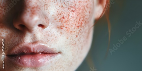 Treatment sought for red facial rash caused by Lupus in a close-up photograph of a woman. Concept Lupus Symptoms, Facial Rash, Dermatological Treatment, Close-up Photography, Medical Concern photo