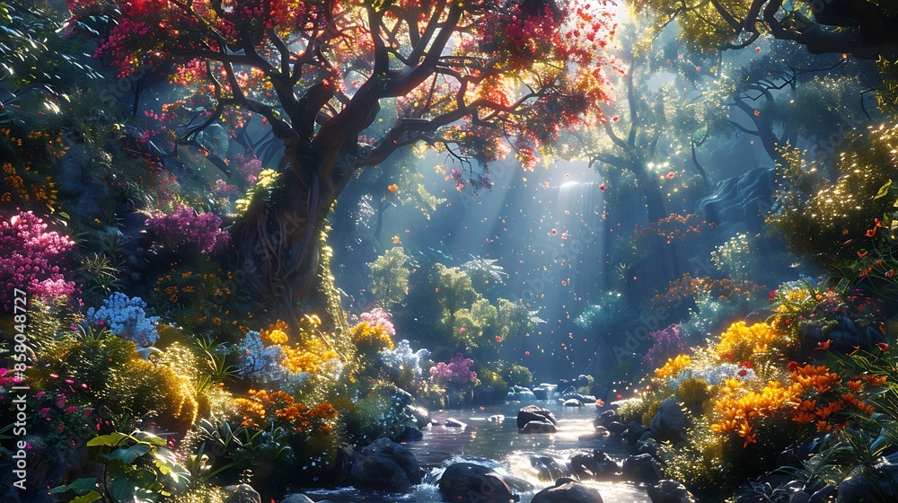 Adam and Eve in the lush Garden of Eden, surrounded by vibrant flora ...