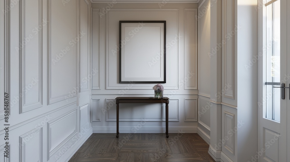 A white room with wainscoting on the walls, a black framed picture hanging above a console table, and hardwood floors A white room with wainscoting on the walls, a black framed picture hanging above a console table, and hardwood floors