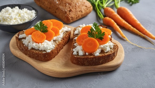 Sandwiches with cottage cheese and carrot bread on a gray table