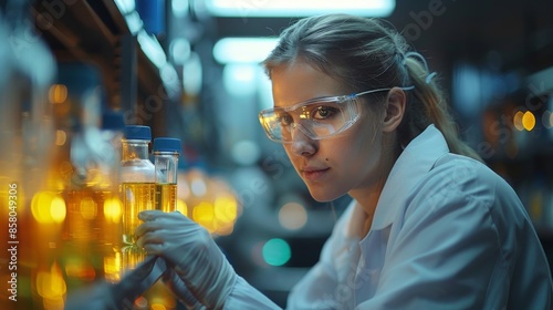 A woman scientist, wearing safety goggles and gloves, methodically examines sample bottles in a lab, reflecting meticulous attention and systematic scientific research. © svastix