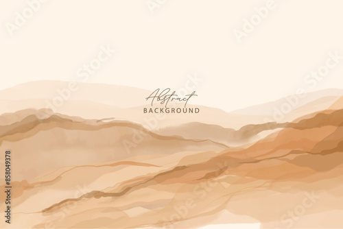 Watercolor art background with mountains and hills in earth colors. Abstract art background in vintage style. Ink style banner for print design, packaging, wallpaper, decor, print.