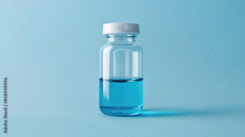 Medical bottle with drug in glass container on blue isolated background Medical bottle with drug in glass container on blue isolated background