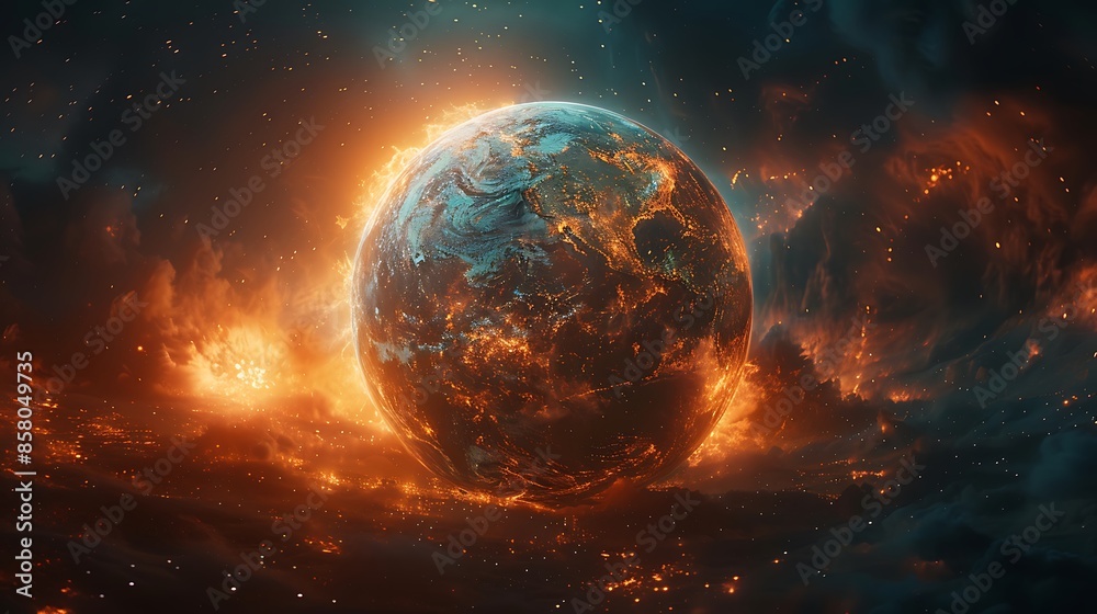 Formation of the earth from void, with swirling primordial elements coalescing into a beautiful, nascent planet, surrounded by glowing nebulae. Formation of the earth from void, with swirling primordial elements coalescing into a beautiful, nascent planet, surrounded by glowing nebulae.