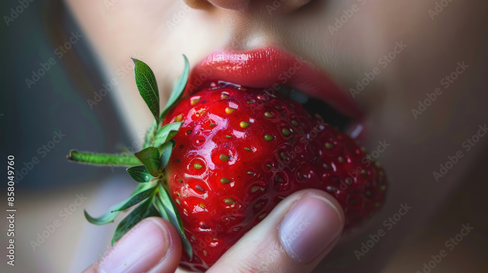 Obraz premium Lips with a fresh strawberry, showcasing details and aesthetics of the scene