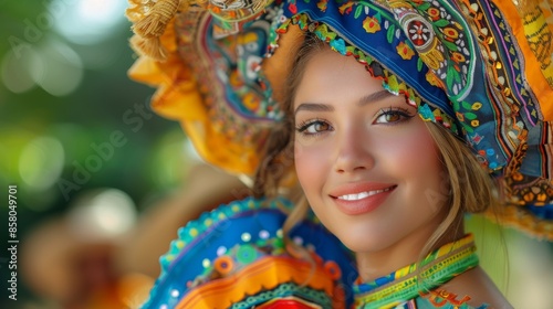 A smiling woman in vibrant colorful traditional clothes and a decorative hat is captured outdoors, showcasing cultural richness and joyous celebration in a natural bright setting.