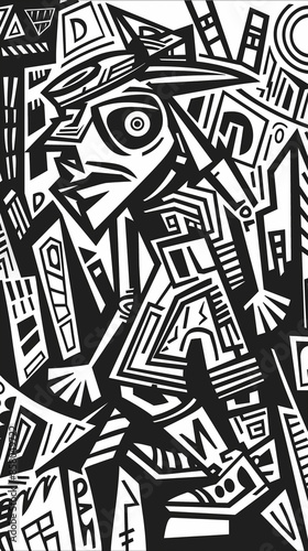 Wallpaper Mural Abstract black and white geometric illustration of a human figure in a complex urban environment. High contrast lines and shapes create a modern, futuristic aesthetic Torontodigital.ca