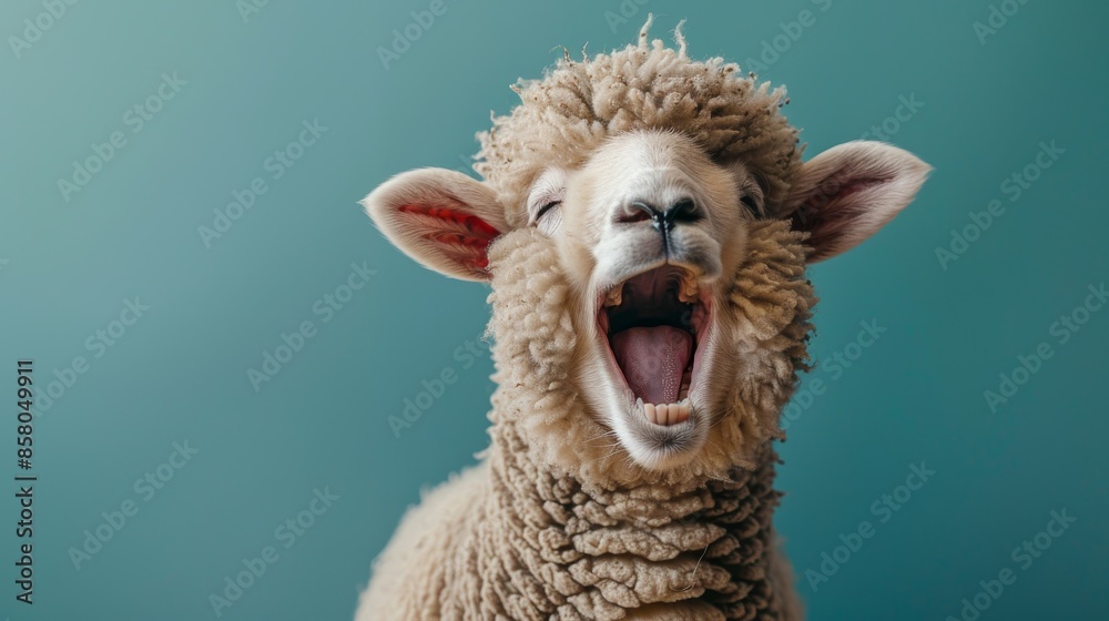 This image captures a cheerful sheep with its mouth wide open against a simple, plain blue background, showcasing its joyous expression and woolly coat in fine detail. This image captures a cheerful sheep with its mouth wide open against a simple, plain blue background, showcasing its joyous expression and woolly coat in fine detail.