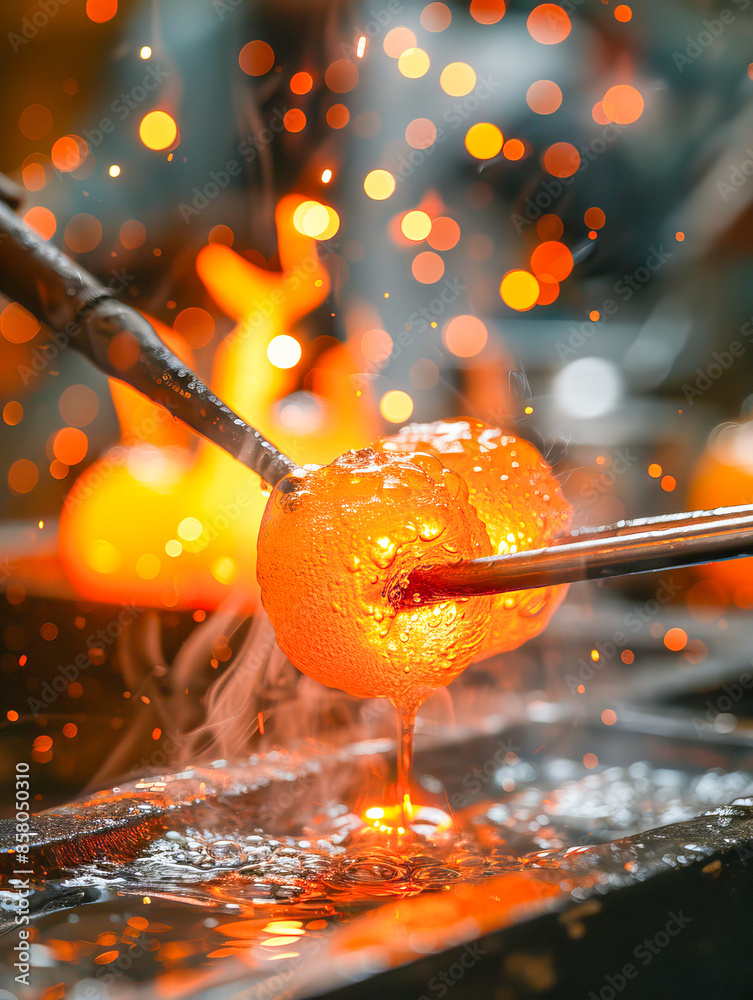 Glassblower shaping a piece of molten glass with metal tongs in a workshop Glassblower shaping a piece of molten glass with metal tongs in a workshop