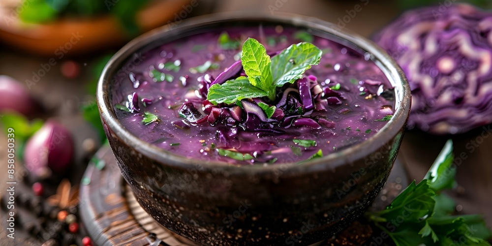 Red cabbage soup in bowl with fresh cuts from overhead view. Concept Food Photography, Red Cabbage Soup, Overhead View, Fresh Cuts, Bowl Presentation Red cabbage soup in bowl with fresh cuts from overhead view. Concept Food Photography, Red Cabbage Soup, Overhead View, Fresh Cuts, Bowl Presentation