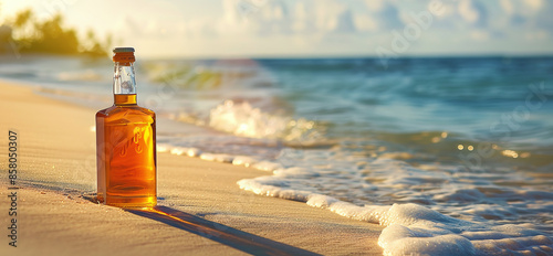 bottle of rum on the sand near the shore
