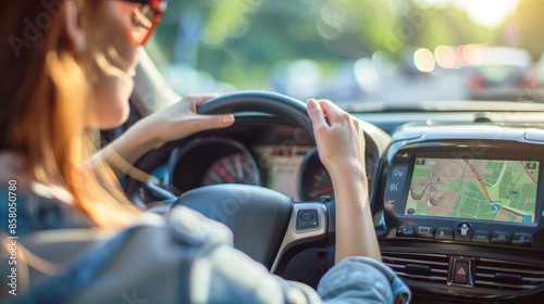 A woman uses a car navigation system to find out where she wants to go.