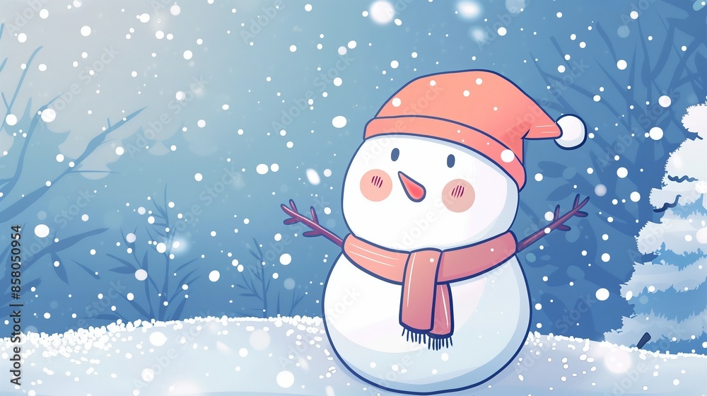 Fototapeta premium cute kawaii winter snowman with snowing background