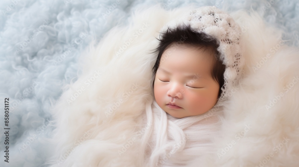 Infant nestled in gentle, cloud-like cotton, peaceful and snug Infant nestled in gentle, cloud-like cotton, peaceful and snug