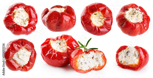 Hot red tiny cherry peppers stuffed with soft ricotta cheese isolated on white background. Collection with clipping path.