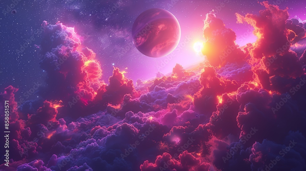 Fototapeta premium planets in vast cosmic space psychedelic neon colors