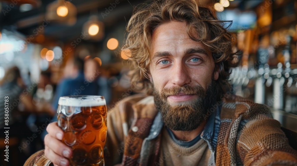 A bearded man smiling warmly while enjoying a beer in a cozy pub with a rustic ambiance, surrounded by friends and lively conversation, exuding warmth and joy.