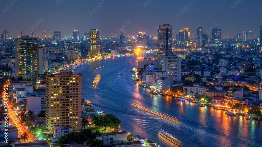 Obraz premium Nighttime smart city lights on river bridge with network tech and telecom connectivity