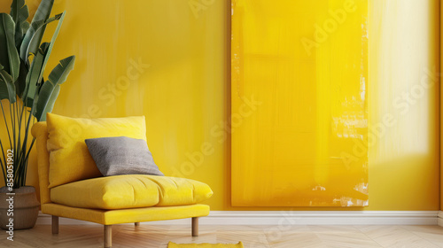 Fototapeta Naklejka Na Ścianę i Meble -  Abstract art with a bright yellow backdrop and a yellow design on the wall.