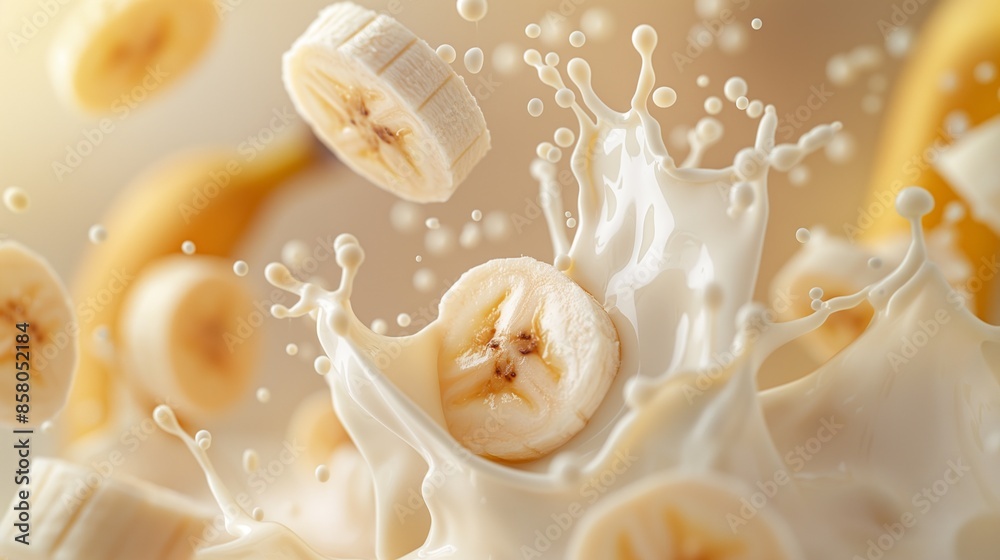 Sliced bananas splashing into fresh milk, dynamic food photography. Sliced bananas splashing into fresh milk, dynamic food photography.