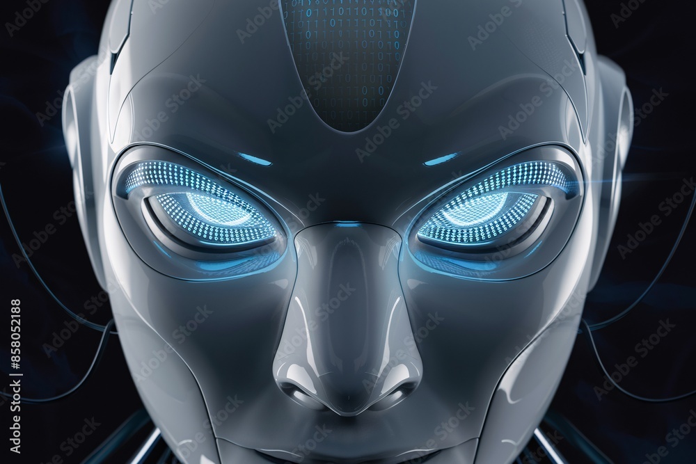 The image is a close-up of a robot's face. The robot has blue glowing eyes and a metallic face.
The image is a close-up of a robot's face. The robot has blue glowing eyes and a metallic face.