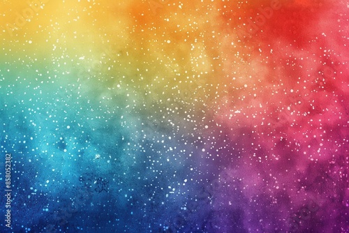 A vibrant, abstract design featuring a gradient of colors with white splatter resembling stars.