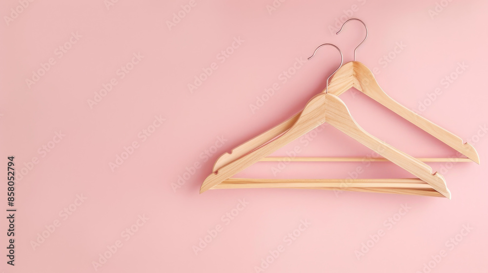 Wooden hangers on a pale pink background. Simple, stylish design with room for text. Great for fashion blogs, shopping promotions, or store sales. Wooden hangers on a pale pink background. Simple, stylish design with room for text. Great for fashion blogs, shopping promotions, or store sales.