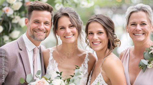 The bride and groom pose with their families, all dressed elegantly for the occasion. Their joyful smiles and the beautiful floral backdrop create a warm and festive atmosphere.