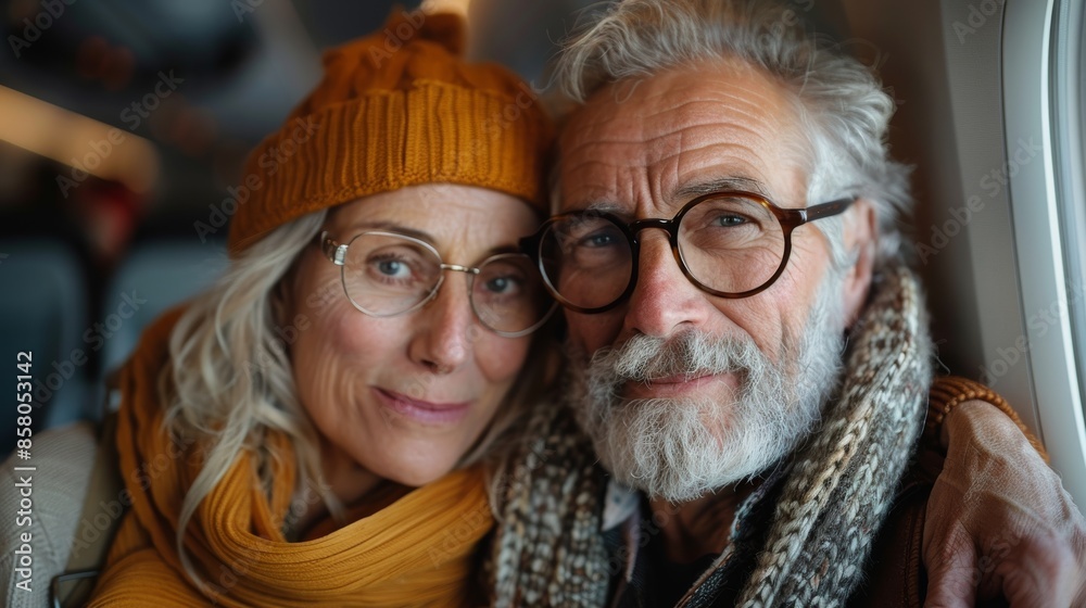 An elderly couple wearing warm scarves and hats, sitting closely together on an airplane, illustrating a strong bond and travel in a cozy and affectionate atmosphere. An elderly couple wearing warm scarves and hats, sitting closely together on an airplane, illustrating a strong bond and travel in a cozy and affectionate atmosphere.