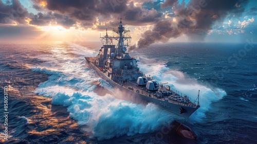 A military navy ship sailing on the sea at sunset Modern battleship warship at sea
