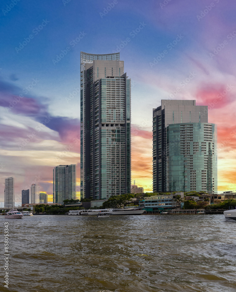 Naklejka premium BKK high rise tower building residential apartments and commercial building Silom Sathon Bangkok Thailand