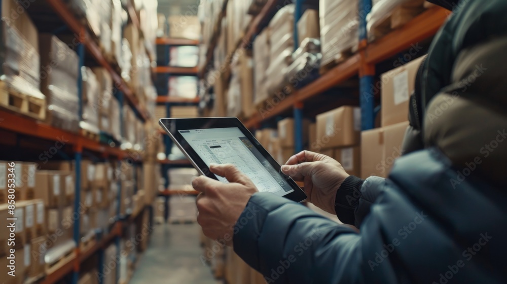 logistics warehouse employee with a tablet against the background of a rack with boxes of parcels and goods logistics warehouse employee with a tablet against the background of a rack with boxes of parcels and goods