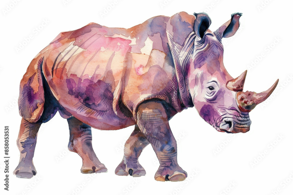 Watercolor illustration of a powerful rhinoceros walking in the african savanna, showcasing the beauty and strength of this endangered animal Watercolor illustration of a powerful rhinoceros walking in the african savanna, showcasing the beauty and strength of this endangered animal
