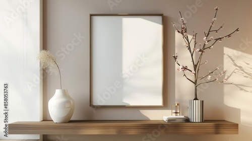 A minimalist interior design featuring a large blank picture frame, a vase with a dried flower, and blooming branches on a wooden shelf © Darya