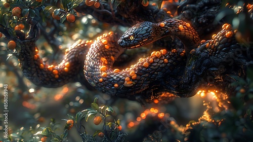 The serpent tempting Eve with the forbidden fruit, coiled around the Tree of Knowledge, its eyes gleaming with cunning, while Eve reaches out in curiosity. photo