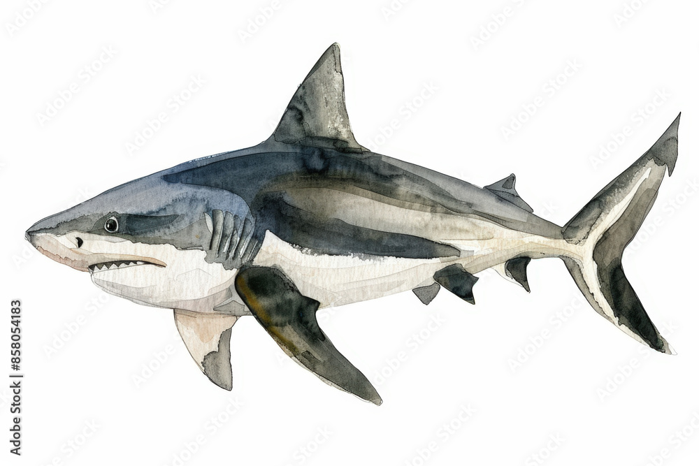 Fototapeta premium Watercolor painting of a great white shark swimming underwater, showcasing its powerful presence in the ocean
