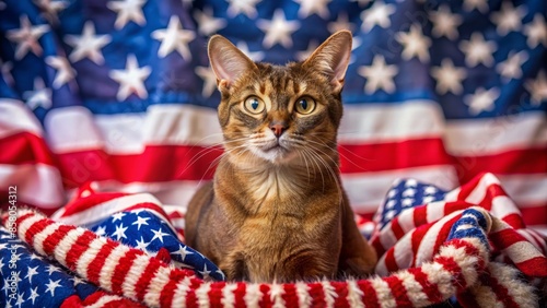 A Beautiful Abyssinian Cat Sits On An American Flag, Looking Directly At The Camera. photo