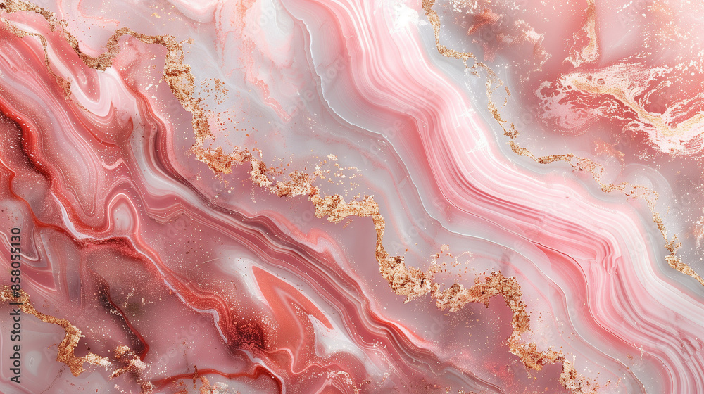 Obraz premium Abstract art featuring pink and gold marble patterns with fluid textures and sparkling accents, perfect for modern design projects.