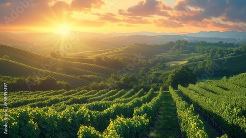 Golden sunlight bathes lush vineyards, sprawling across undulating hills under a dramatic sky, invoking a serene yet vibrant agricultural paradise.