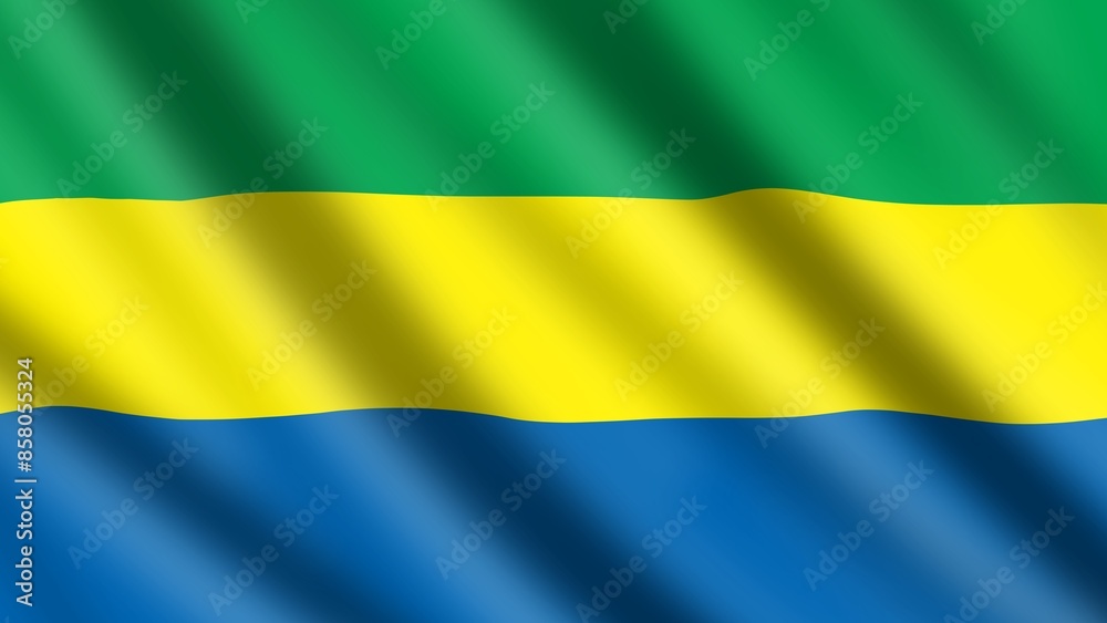 Wavy and flowy national flag of Gabon also known as Gabonese Republic. Tricolour flag of horizontal green, yellow, and blue bands. Wavy and flowy national flag of Gabon also known as Gabonese Republic. Tricolour flag of horizontal green, yellow, and blue bands.