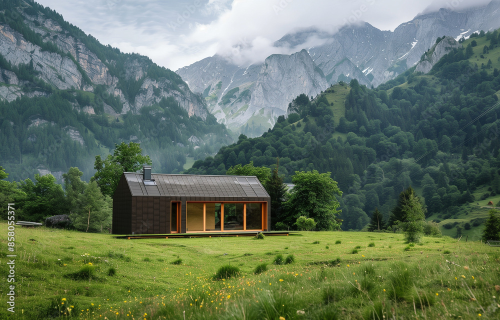 House in Valley (Meadow) in Mountains Landscape (Alps). Nature Photography with Grass Sky Forest and Trees. House in Valley (Meadow) in Mountains Landscape (Alps). Nature Photography with Grass Sky Forest and Trees.