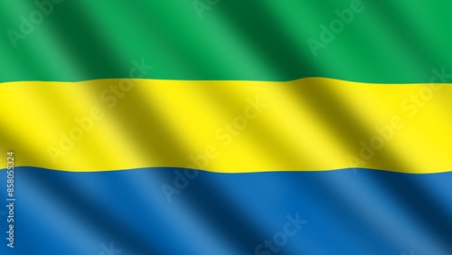 Wavy and flowy national flag of Gabon also known as Gabonese Republic. Tricolour flag of horizontal green, yellow, and blue bands. 
