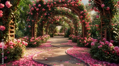 Fototapeta Naklejka Na Ścianę i Meble -  A romantic rose garden with archways and trellises covered in climbing roses, the pathways lined with heart-shaped floral arrangements and soft, pink petals.