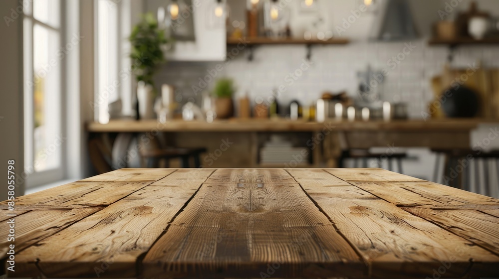 Empty wooden dining table with plenty of copy space, with a blurred kitchen scene in the background. Empty wooden dining table with plenty of copy space, with a blurred kitchen scene in the background.
