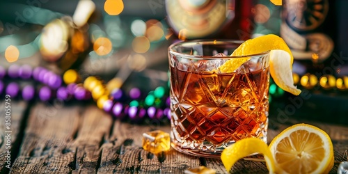 Sazerac Cocktail Closeup with Lemon Peel on Wooden Table and Mardi Gras Beads. Concept Food and Drink, Cocktail Recipe, Closeup Photography, Wooden Table Setting, Mardi Gras Theme photo