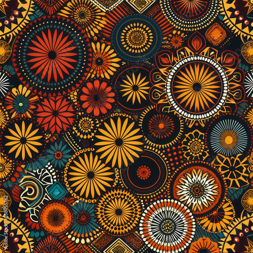 Seamless pattern of colorful shapes with broad brush strokes, featuring vibrant African ornaments. Ideal for textiles, decor, and cultural designs